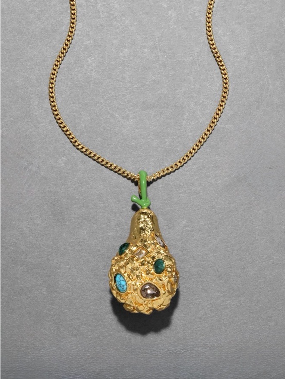 NEW Alexis Bittar Brut Gold Jewel Studded Pear Pendant Necklace AU09
